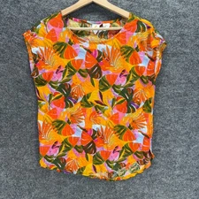 C&C California Blouse Women L Large Orange Floral Short Sleeve Linen Casual