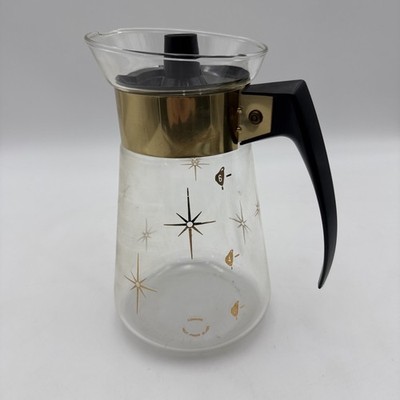 Vintage Corning Atomic Gold Starburst Glass 6 Cup Coffee Pot Carafe With Lid