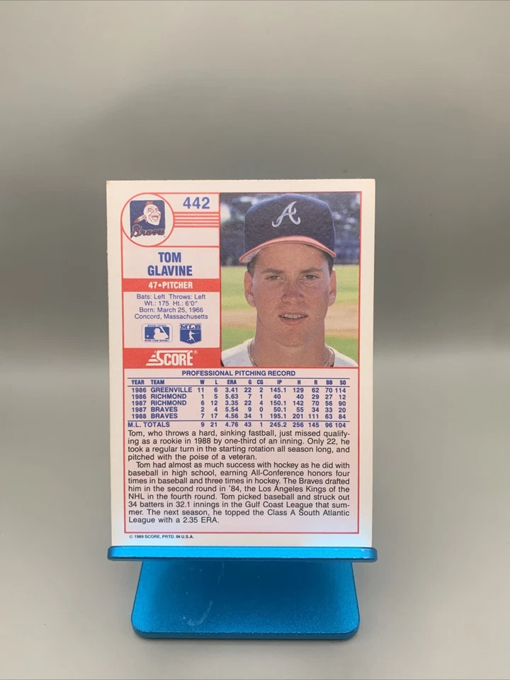 1989 Score Tom Glavine #442 Braves Mint Centered Razor Sharp Free Shipping - Image 2 of 4