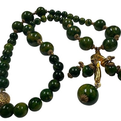 Bakelite necklace with spinach beads & Gold pendent of monkey holding beads EUC