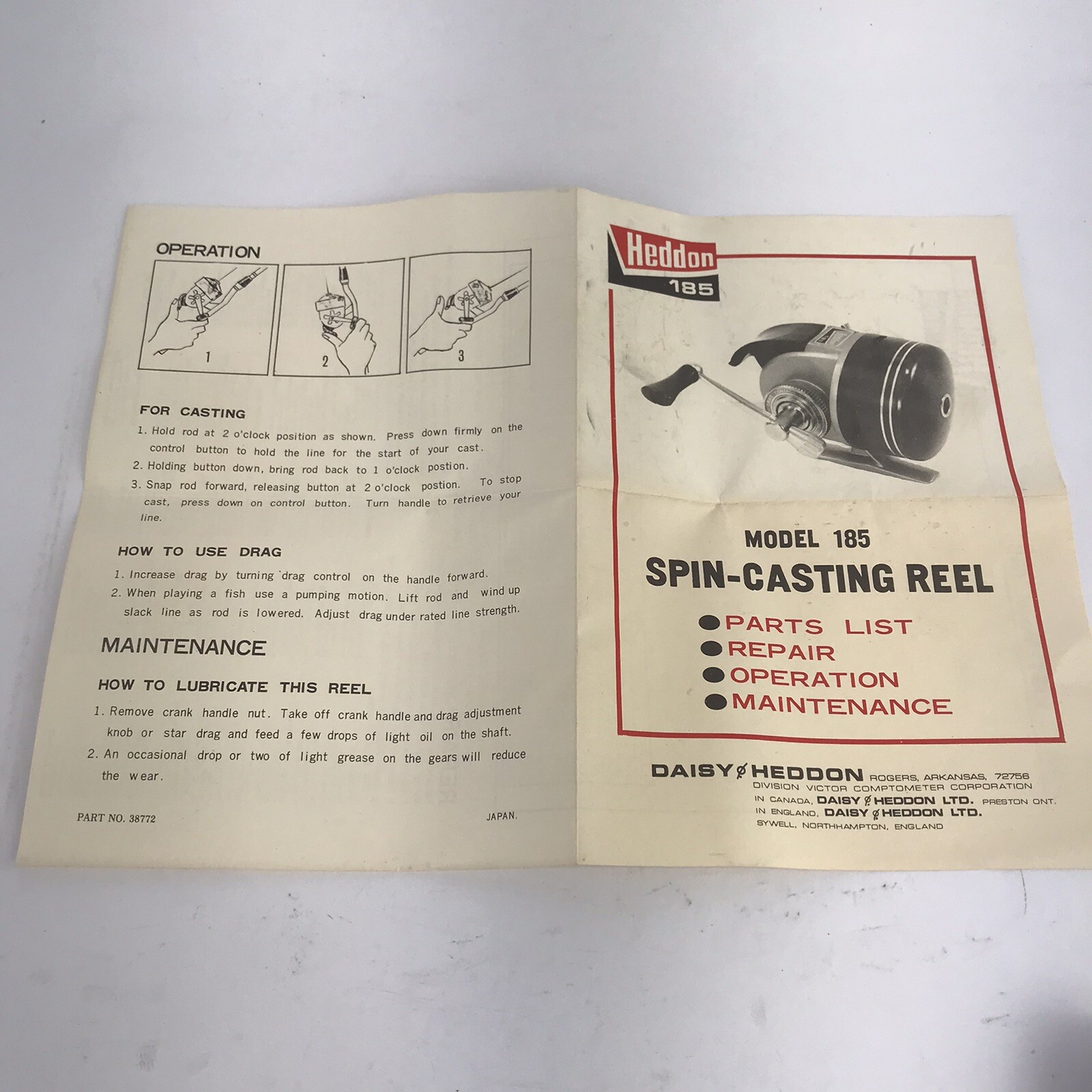 Vintage Heddon 185 Parts List Repair Manual Pamphlet Maintenance Reel