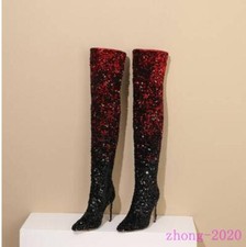 Women's Dress Over The Knee Boots High Heel Sequins Pointed Toe Shoes Plus Size