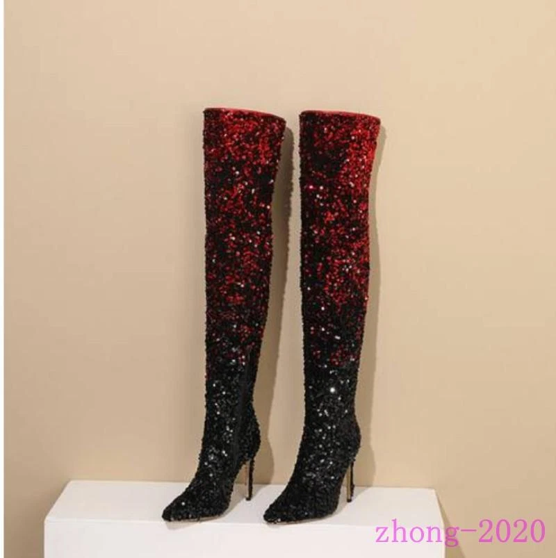 Mujeres Fiesta Club Vestido Sobre la Rodilla Botas Tacón Alto Lentejuelas Punta Zapatos Foto 4 de 4