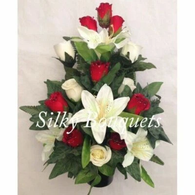 SILKY BOUQUETS Grave Pot Flower Arrangement Red Artificial Rose Lily Silk Flower Flat Back