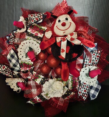 FREE Valentine Day Love Lady Bug Floral Roses Heart Ribbons 20'' Deco Mesh Wreath