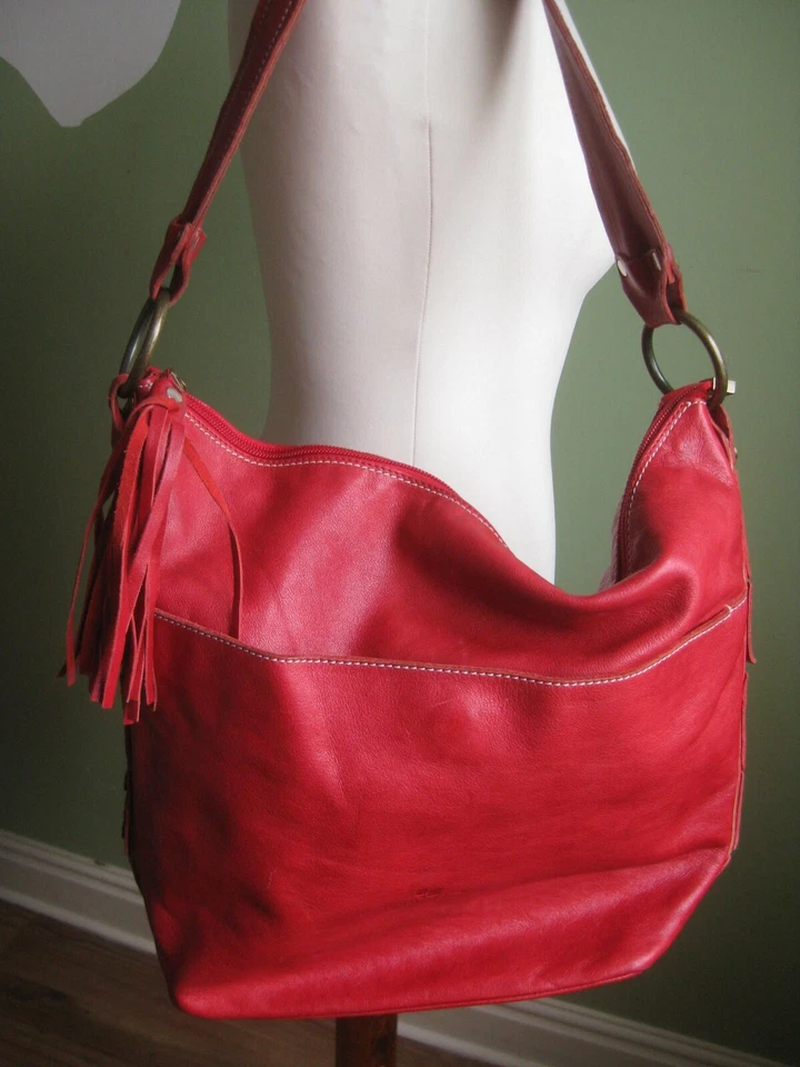 LARGE RED LEATHER BAG hobo tote slouch shoulder PUNTOTRES BARCELONA hand red