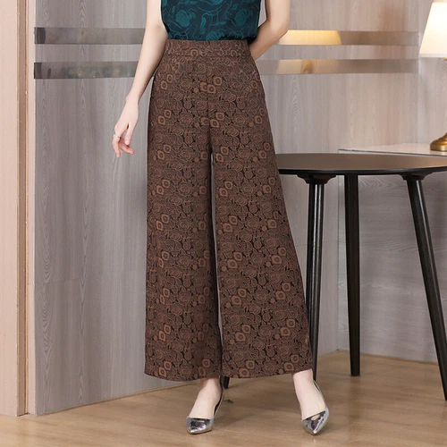 Womens Fashion Floral Wide Legs Casual High Waist Loose Straight Trousers Pants - Picture 10 of 15