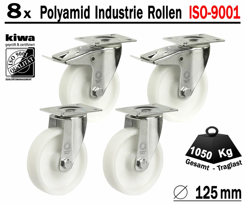 Polyamid Schwerlast Transport Lenk Rollen 8 x Ø 125 mm Br-Le / BS-Rollen Germany