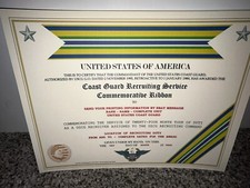 COAST GUARD RECRUITING SERVICE COMMEMORATIVE CERTIFICATE W/PRINTING TYPE-1