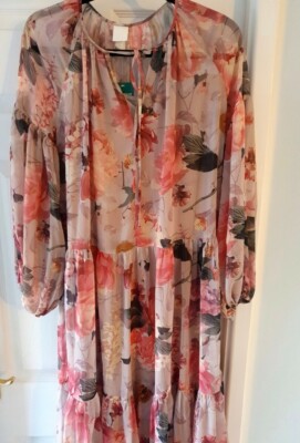 H\u0026M Conscious Boho Pink Floral Peony Rose Chiffon Maxi Dress M 12 14 16  BNWT | eBay UK