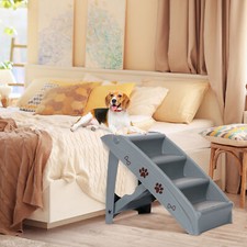 Foldable Plastic Pet Dog Stairs 4 Steps Durable Dog Step for Couch Bed Dark Grey