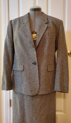 VTG Evan Picone 2PC Black White Houndstooth Wool Blend Skirt Suit 14 Union USA - Picture 2 of 11