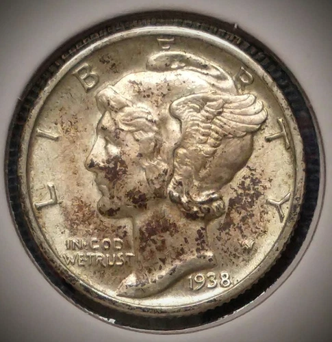 1938 MERCURY DIME -- AU -- Dk toning spots obv -- REDUCED -- CS23253