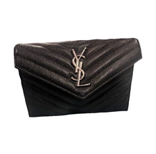 Saint Laurent YSL Cassandre Black Chevron Quilted Snap Flap Chain Crossbody