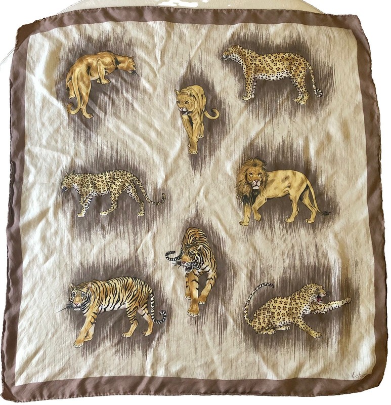 Echo 100% Silk Vintage 26” Big Cat Lion Tiger Leopard Panther Scarf RARE