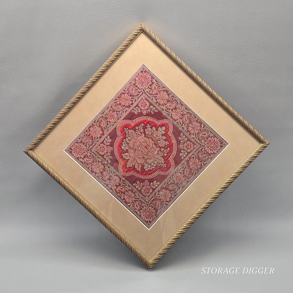 Vintage Pair of Floral Embroidery Art Tapestry Framed Wall Decor 14.75" x 14.75" - Image 4 of 4