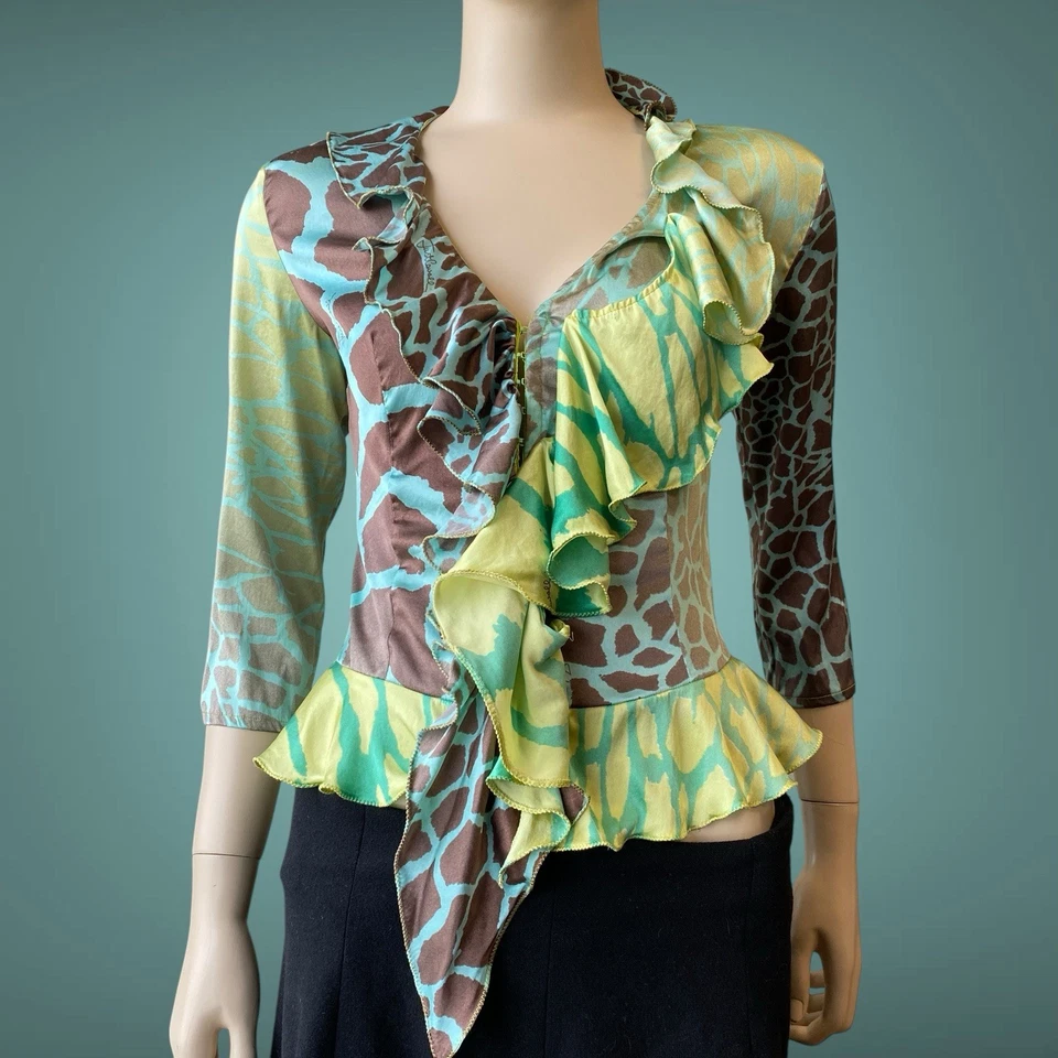 Blusa colorida con estampado de jirafa Roberto Just Cavalli Y2K de colección talla 44it M Foto 2 de 4