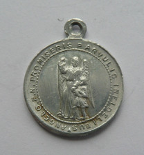 Alte religiöse MEDAILLE SCHUTZENGEL / HEILIGE FAMILIE.. Aluminium