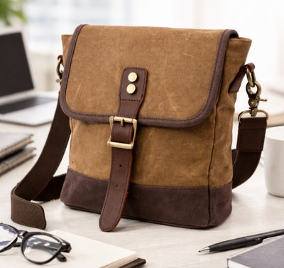 Waxed Canvas Messenger Bag   Durable Work Laptop Satchel Water Resistant Khaki