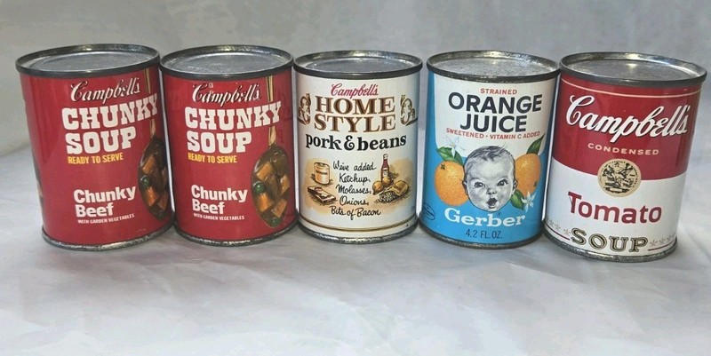 LOT of 5 VTG Play Food Metal Aluminum Can Toys 1960'S-1970'S Campbell's Gerber 