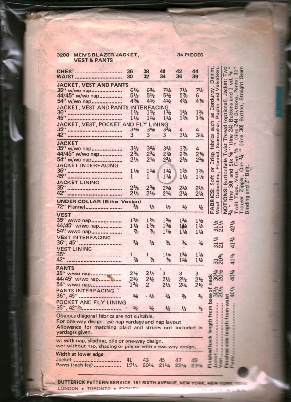 3208 Vintage Butterick SEWING Pattern Mens Jacket Vest Pants Suit Career 1970s - Image 2 of 2