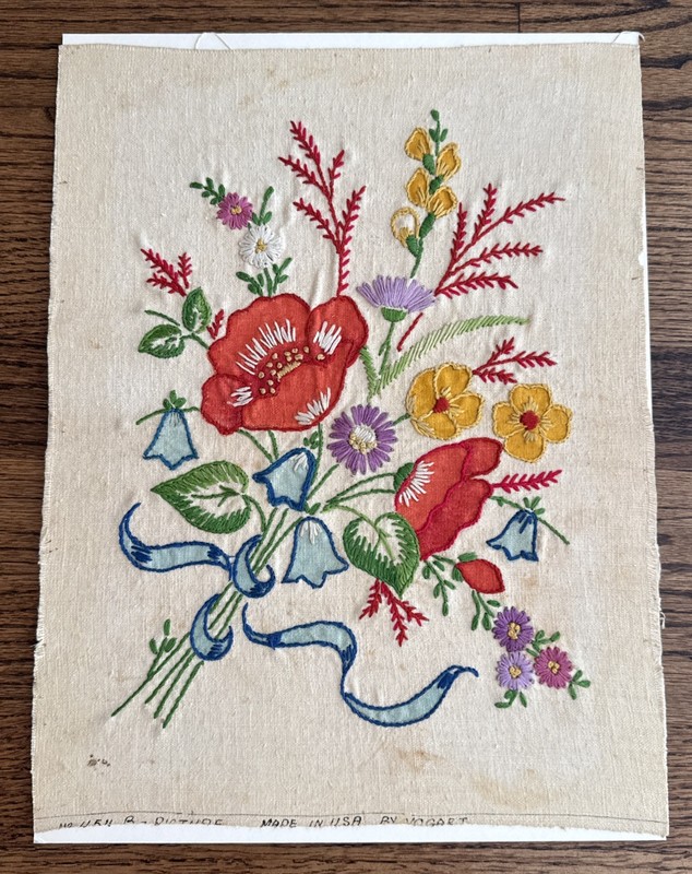 Vintage Hand Embroidered Linen Floral Panel By Vogart  454 Mounted On Cardboard