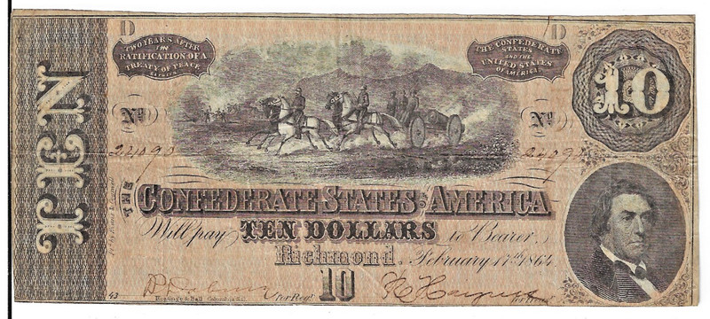 1864 CONFEDERATE TEN DOLLAR BILL, RICHMOND