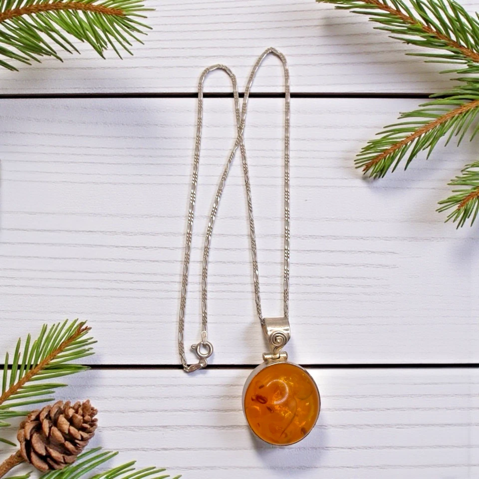 Collar Italiano Plata de Ley 925 Miel Báltica Colgante Redondo Cadena Figaro Foto 2 de 4