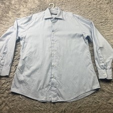 Ermenegildo Zegna Button Front Shirt 16.5 42 Blue White Stripe Mens FLAWED
