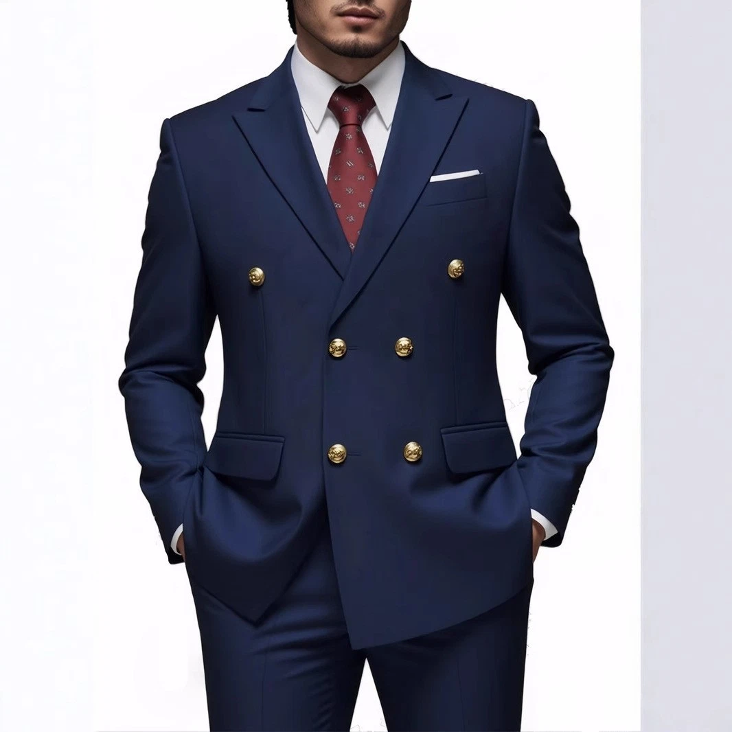Business Non-Iron Two-Piece Suit With Double-Breasted Gold Buttons