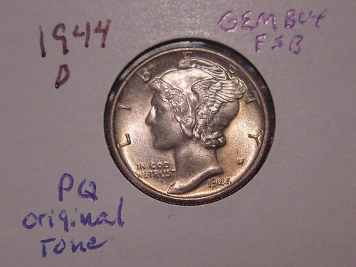 1944-D MERCURY DIME GEM BU + FULL SB ORIGINAL TONE POPULAR DATE PQ SHIPS FREE