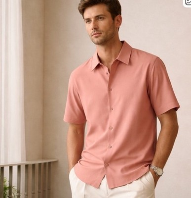 Sandro Paris Rose Clair Pink Linen Blend Short Sleeve Button Shirt Mens Size L