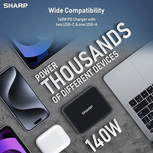 ЗАРЯДНОЕ УСТРОЙСТВО SHARP 140 Вт USB C, КОМПАКТНОЕ СКЛАДНОЕ GAN БЫСТРАЯ ЗАРЯДКА QV16 — ЧЕРНОЕ - Изображение 2 из 4