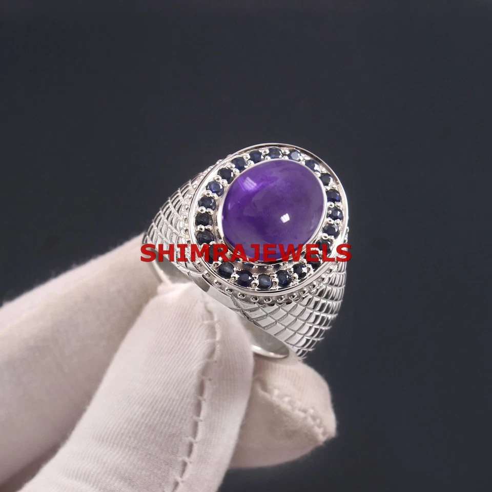 Natural Amethyst & Sapphire Gemstone With 925 Sterling Silver Men's Ring #1127 - Image 2 of 4