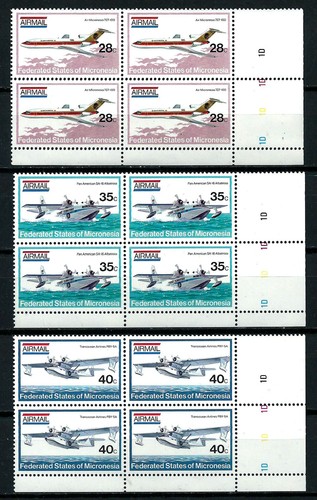 MICRONESIA, SCOTT # C1-C3, SET OF 3 MNH PLATE BLOCKS - BOEING AIRPLANES, AIRMAIL - 第 1/4 張圖片