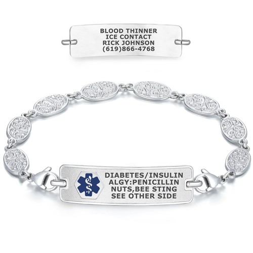 Divoti Medical Alert ID Bracelets Custom Engraved Rect Classic and Filigree Link - Picture 11 of 13