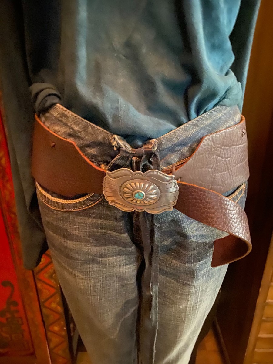Taos Concho Belt Buckle Wide Brown Leather Turquoise Sundance Artist *Last One*