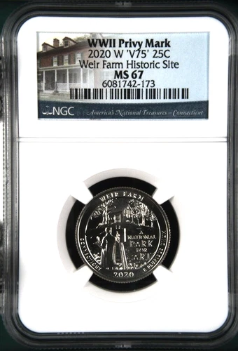 2020-W 'V75' Quarter, Weir Farm Historic Site, NGC MS 67, WWII Privy Mark