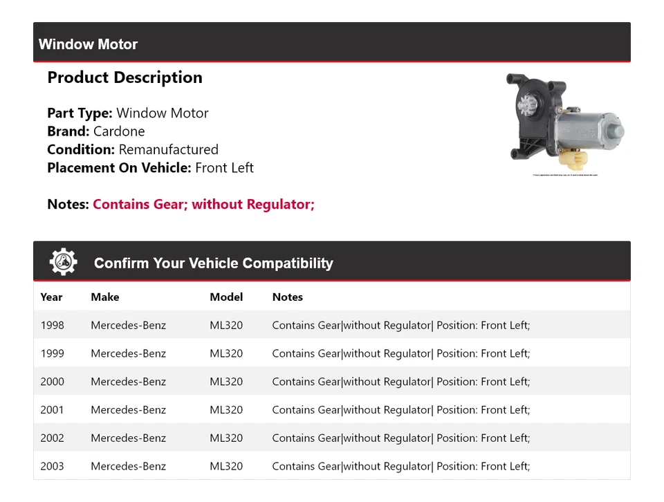 Motor ventana delantero izquierdo cardone 1999 2000 2001 mercedes-benz ml320 1998-2003 Foto 2 de 4