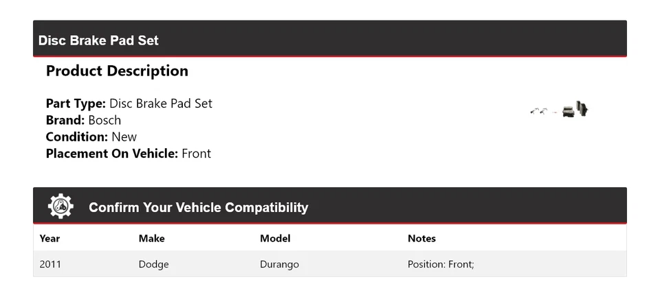 For 2011 Dodge Durango Bosch Blue Ceramic Brake Pads with Hardware Front — 第 2/4 张图片