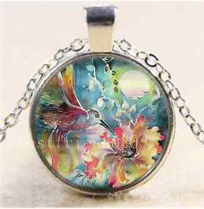 Hummingbird Whit Flower Cabochon Glass Tibet Silver Chain Pendant Necklace 