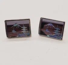 Vintage Cufflinks Scene Acrylic Silver tone Blue Bullet Back Aurora Borealis