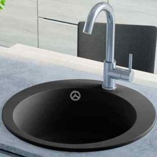 Granite Kitchen Sink Single Bath Basin Bowl with Basket Strainer Black / Grey