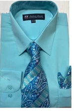 Men's Cotton Blend Dress Shirt with Tie and Handkerchief in 22 different colors