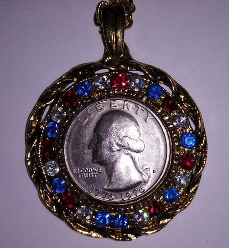 vintage costume jewelry bicentennial quarter necklace multi-color crystals