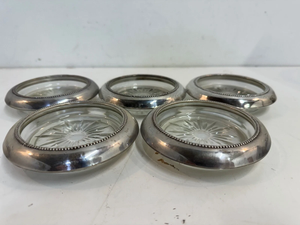 Antique Frank M Whiting Sterling Silver & Glass Set of 5 Coasters