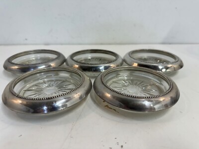 Antique Frank M Whiting Sterling Silver & Glass Set of 5 Coasters