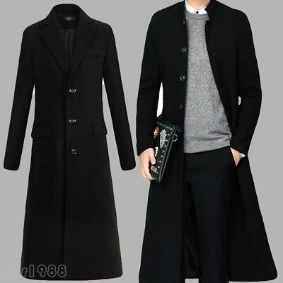 Mens Full Winter Single Breasted Knee Length Parka Trench Coat Wool ...