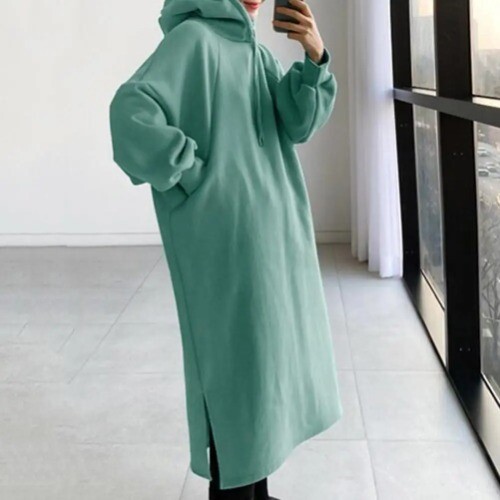 Oversized Hoodie Dresses rregular Hem Polyester Drawstring Hooded Sweatshirt - Picture 2 of 28