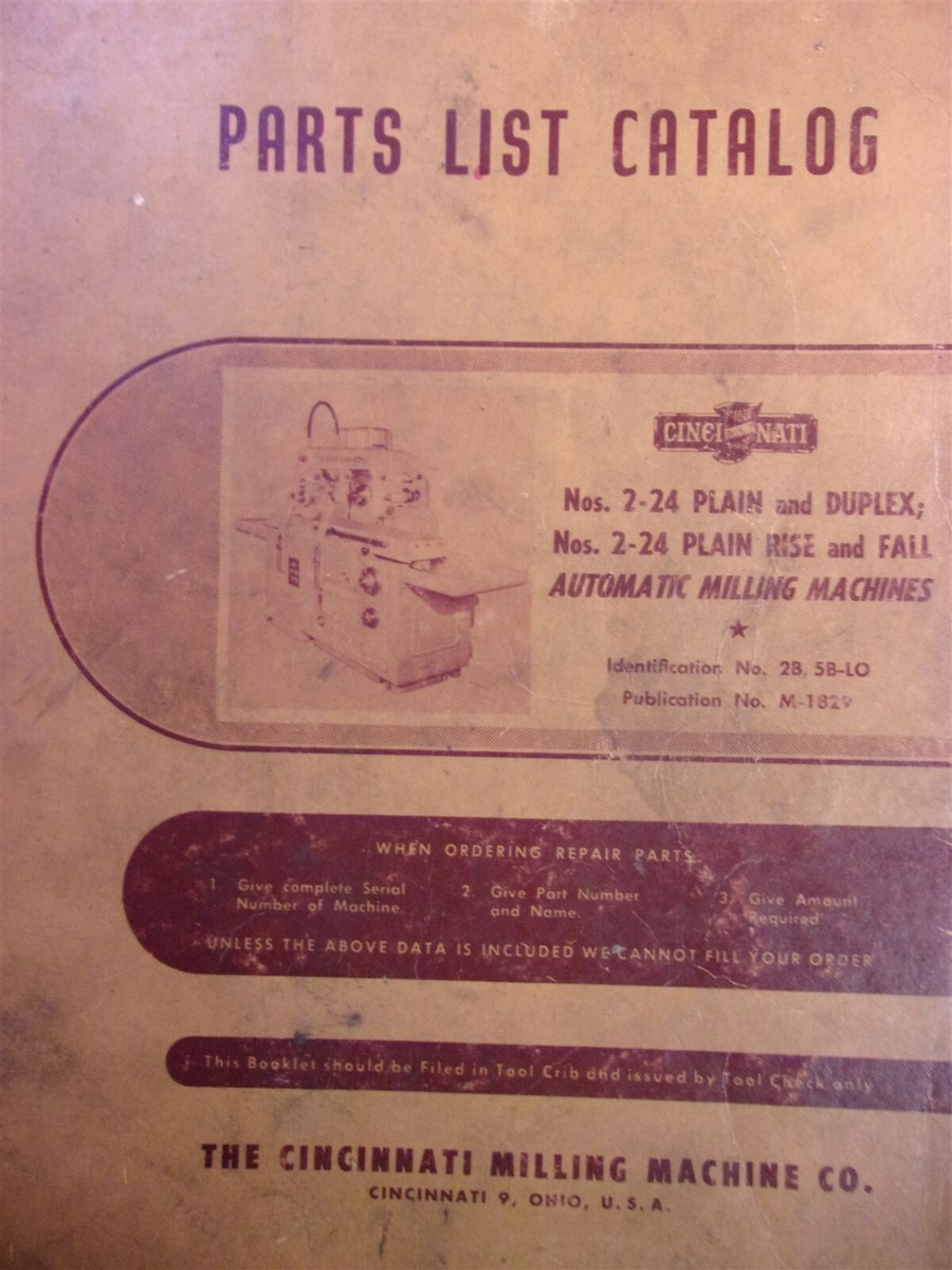 Cincinnati Milling Machine Parts List Catalog 2-24 OM M-1829 *FREE